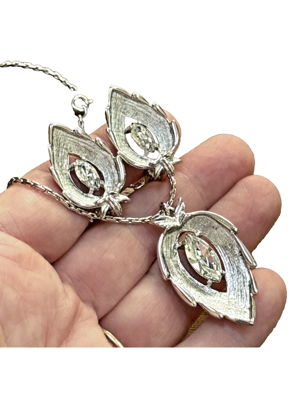 Sarah Coventry Silver & Rhinestone Leaf Jewelry Set Necklace & Clip-On Earrings